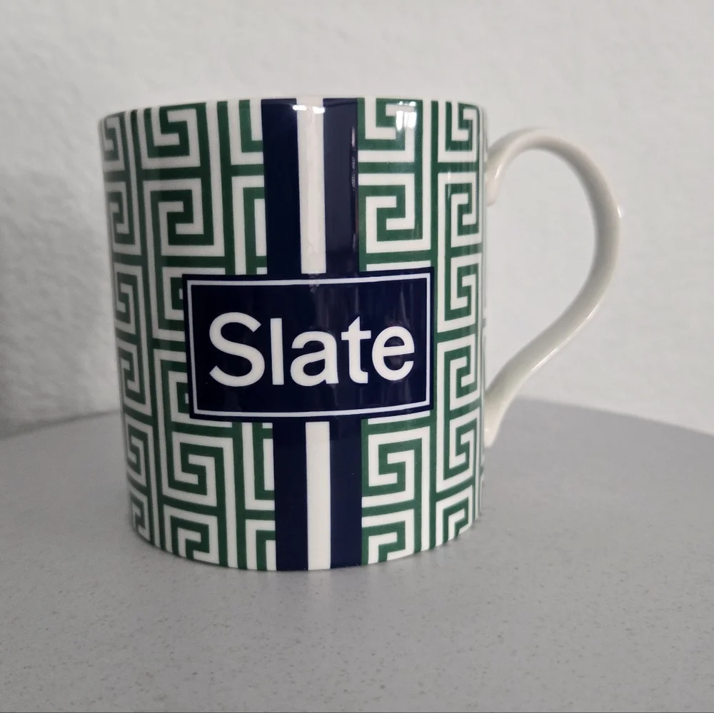 Jonathan Adler Slate Greek Key Pattern and Racing Stripe Coffee Mug Tea Cup